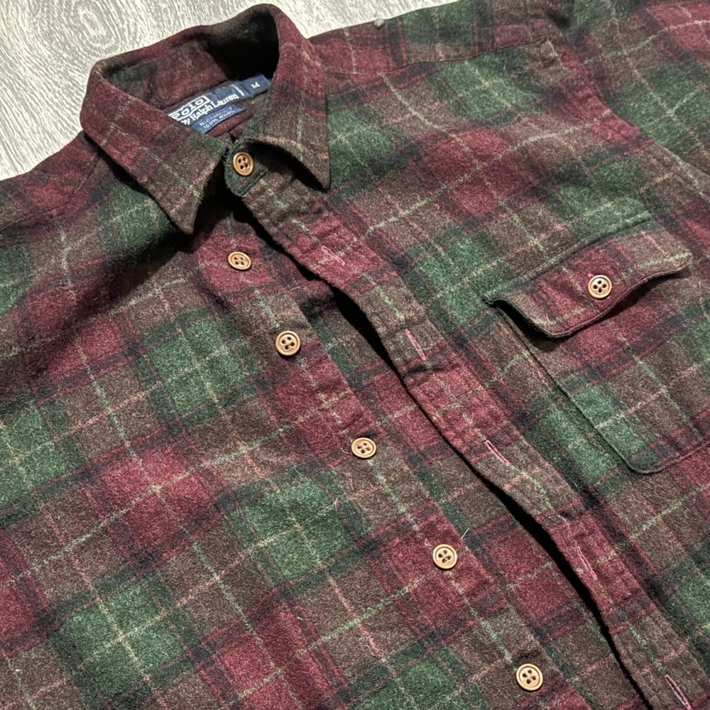 Vintage Polo Ralph Lauren Mens Button Up Plaid Leather Elbow Patches 100% Wool